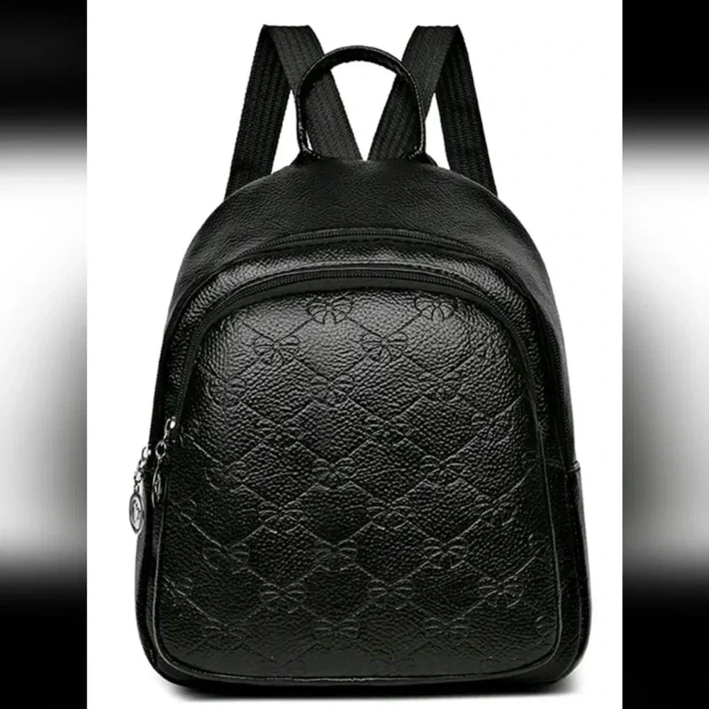 Black faux leather style bag purse women's handbag crossbody backpack bow print